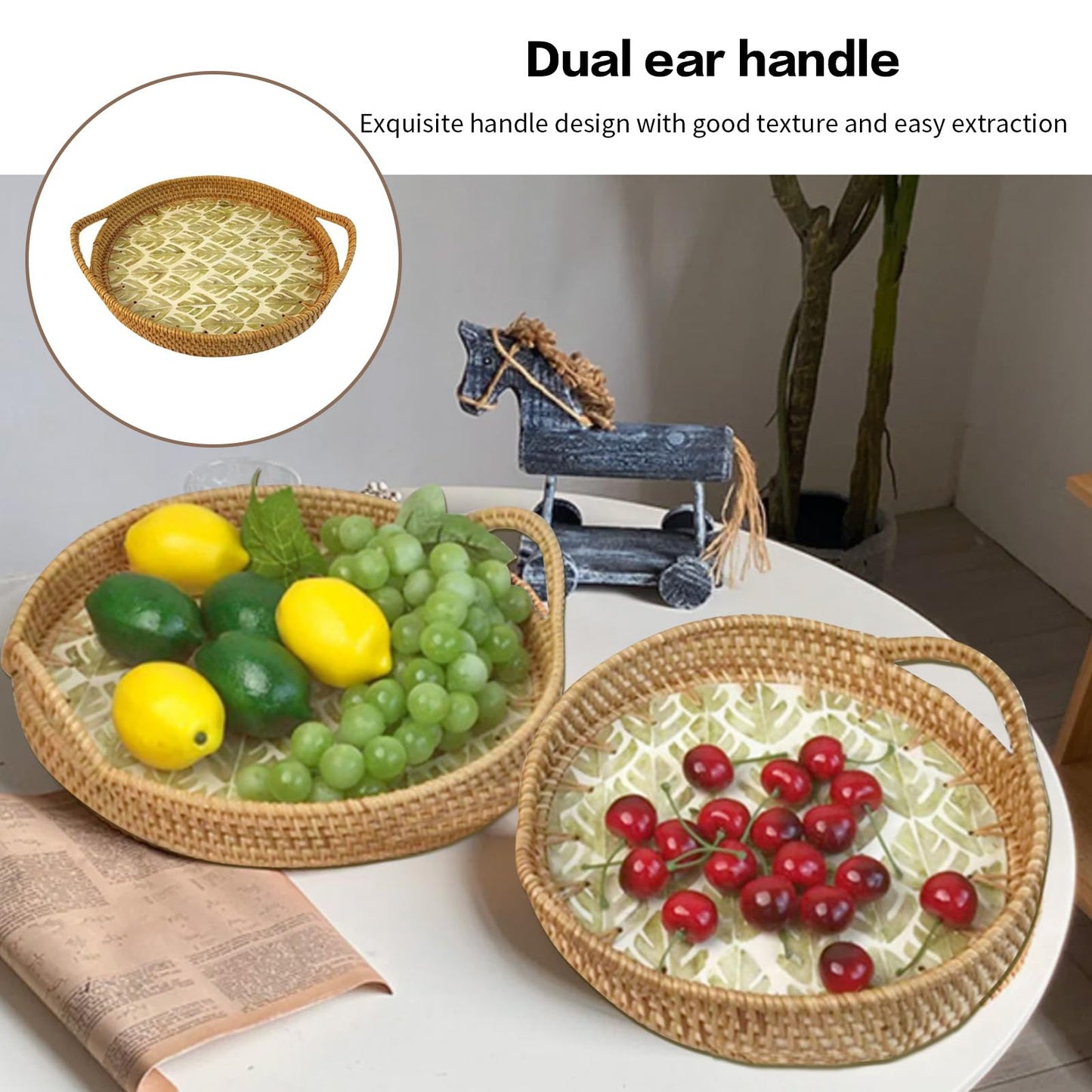 Rattan Tray, Tray Inlaid with Mother of Pearl, Decorative Table Trays for Storing and Organizing Fruits and Snacks at Home (2-Piece Set)