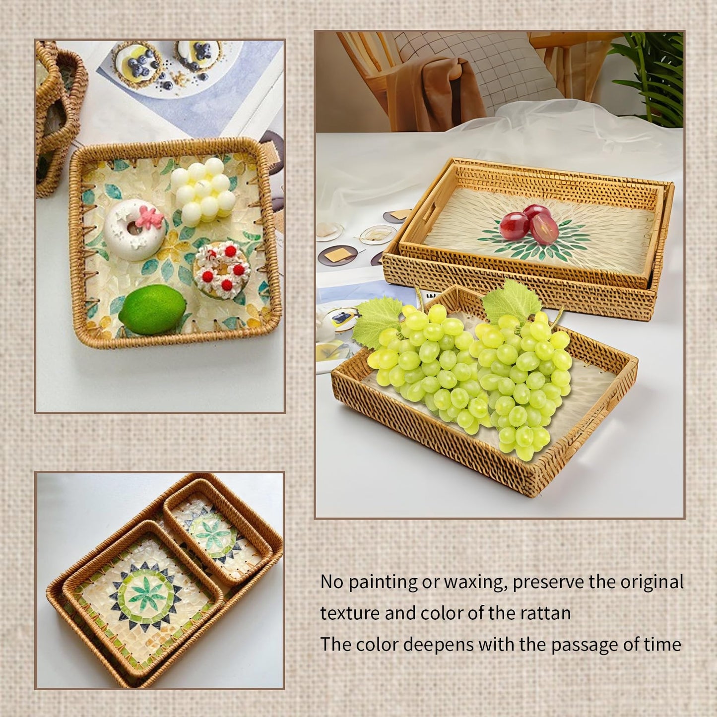Rattan Tray, Tray Inlaid with Mother of Pearl, Decorative Table Trays for Storing and Organizing Fruits and Snacks at Home (2-Piece Set)