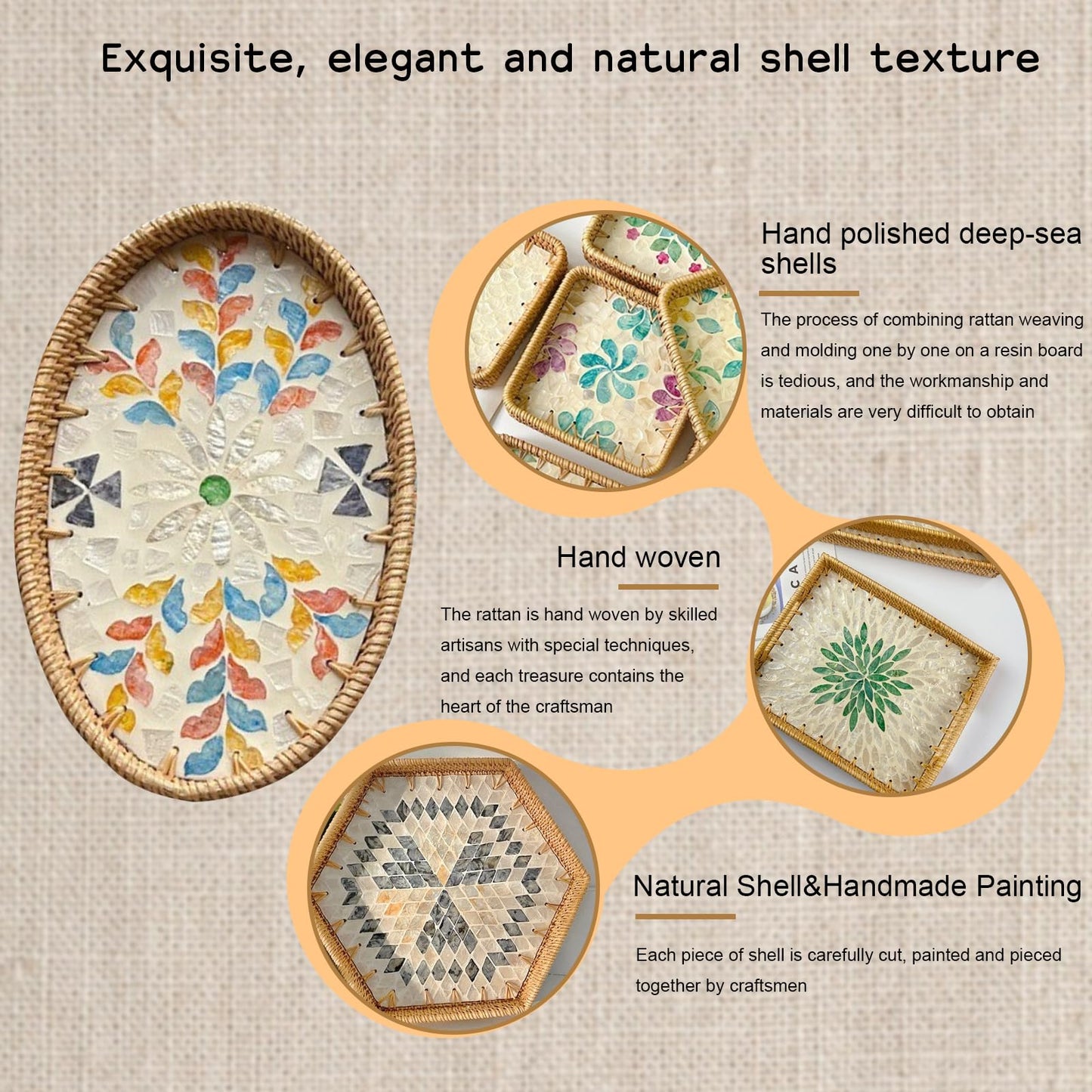 Rattan Tray, Tray Inlaid with Mother of Pearl, Decorative Table Trays for Storing and Organizing Fruits and Snacks at Home (2-Piece Set)