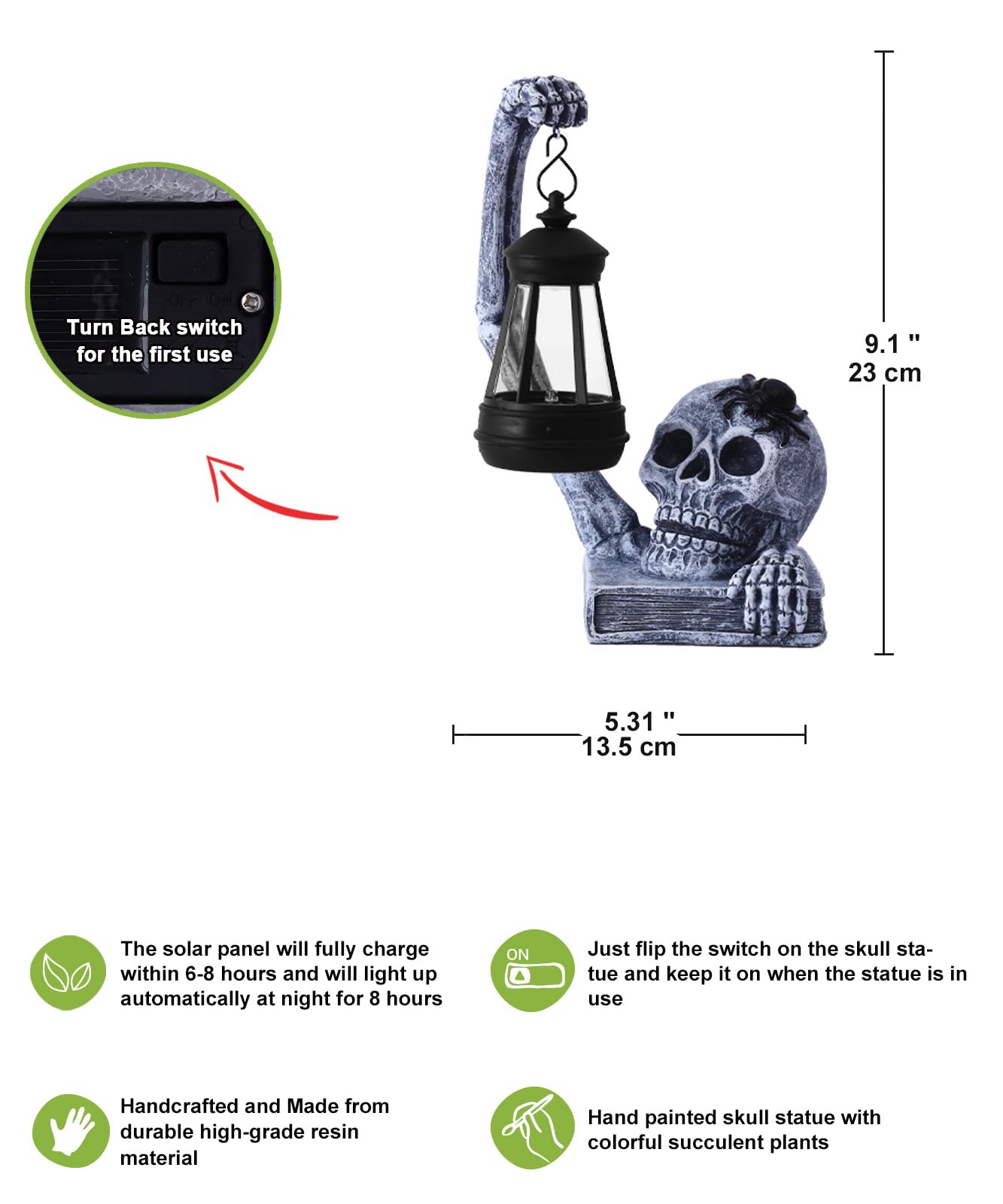 Nacome Halloween Solar Skull Statue Decor: Scary Skeleton Garden Decorations for Outdoor, Holiday, Party, Indoor, Yard, Lawn - Ideal Gag Choice for Men, Father, Birthday [White]