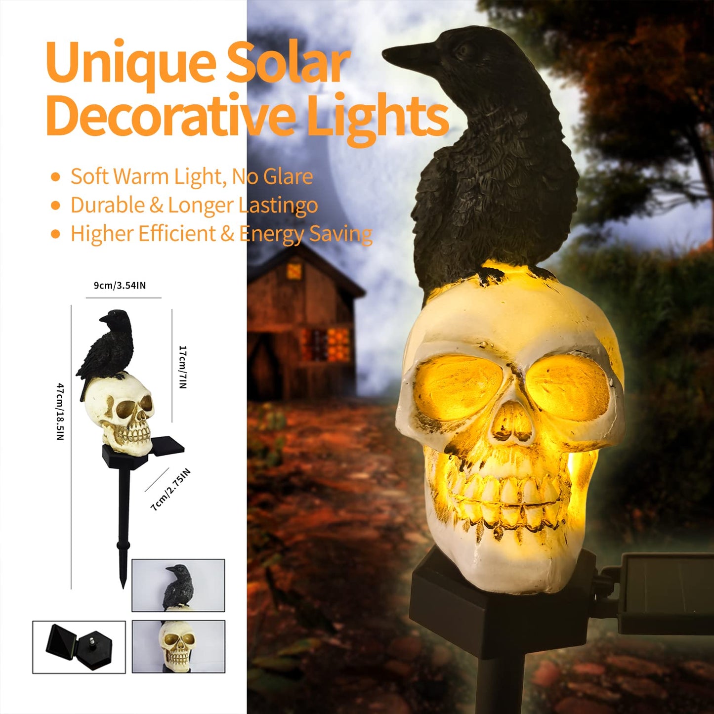 QH & Garden Halloween Outdoor Decoration Solar Lights, Waterproof Ghost Lights, Skull Solar Garden Lights with Black Crow on Skull, Skeleton Stakes with LED Lights, Stunning Halloween Decorations