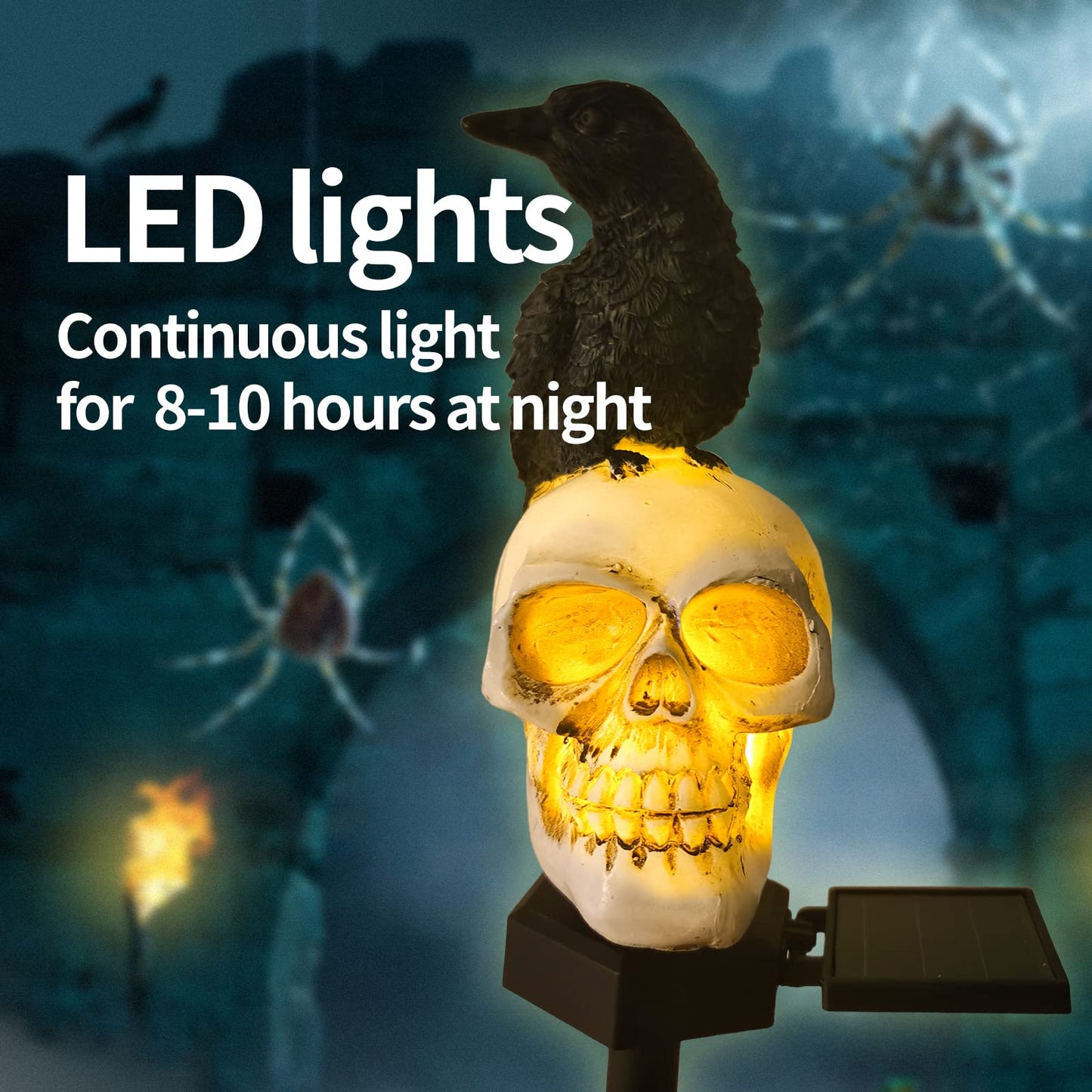QH & Garden Halloween Outdoor Decoration Solar Lights, Waterproof Ghost Lights, Skull Solar Garden Lights with Black Crow on Skull, Skeleton Stakes with LED Lights, Stunning Halloween Decorations