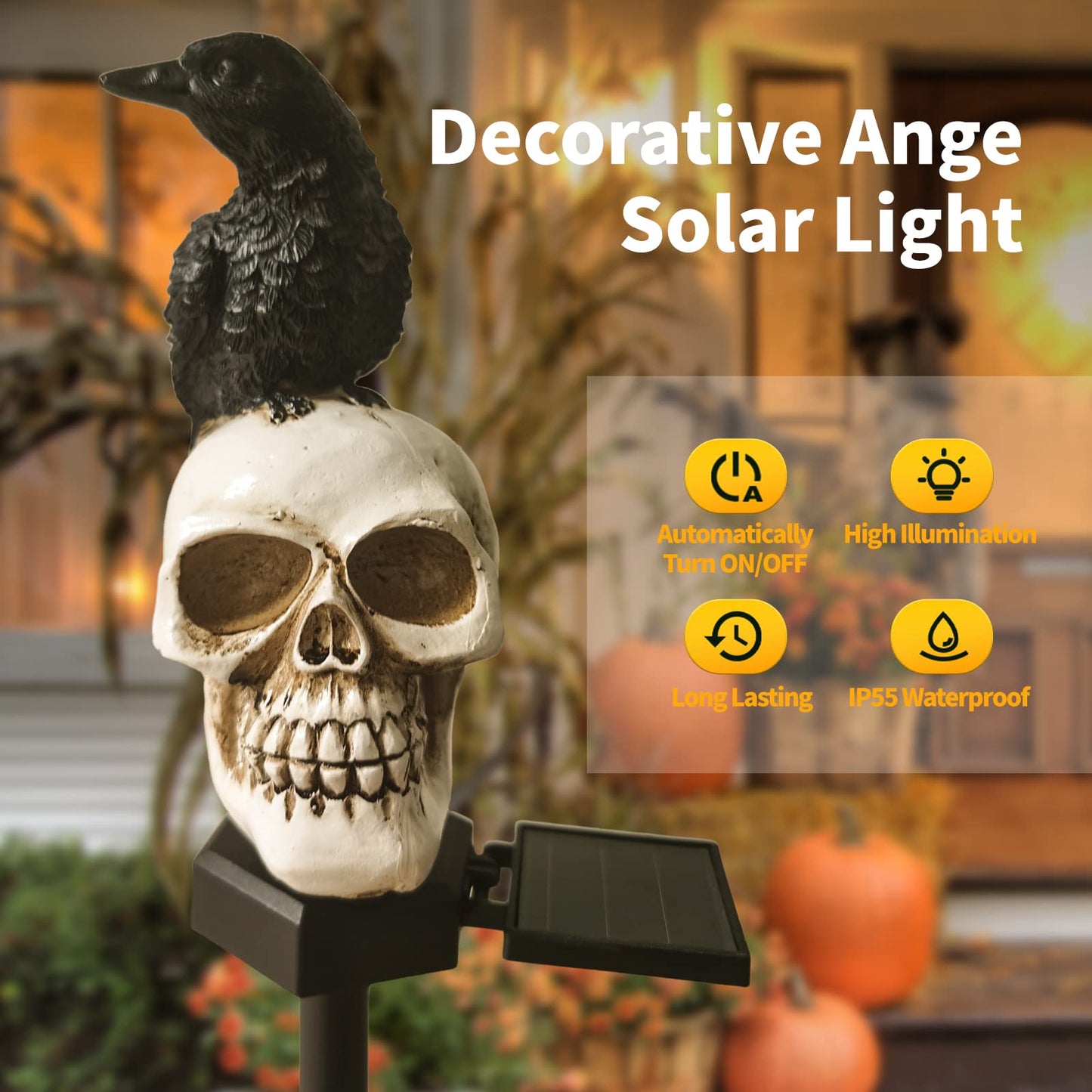QH & Garden Halloween Outdoor Decoration Solar Lights, Waterproof Ghost Lights, Skull Solar Garden Lights with Black Crow on Skull, Skeleton Stakes with LED Lights, Stunning Halloween Decorations