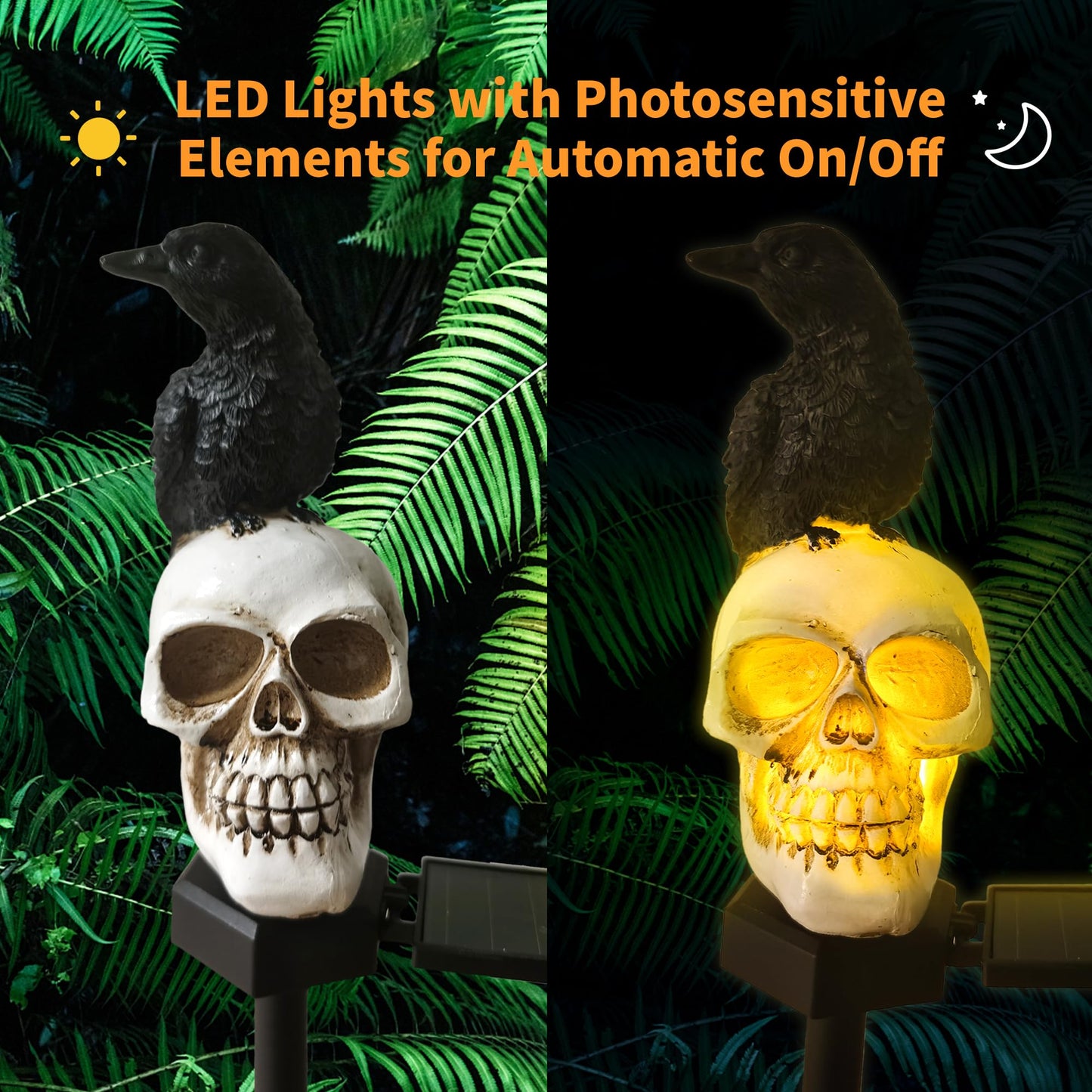 QH & Garden Halloween Outdoor Decoration Solar Lights, Waterproof Ghost Lights, Skull Solar Garden Lights with Black Crow on Skull, Skeleton Stakes with LED Lights, Stunning Halloween Decorations