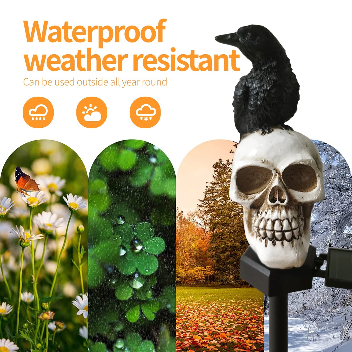 QH & Garden Halloween Outdoor Decoration Solar Lights, Waterproof Ghost Lights, Skull Solar Garden Lights with Black Crow on Skull, Skeleton Stakes with LED Lights, Stunning Halloween Decorations