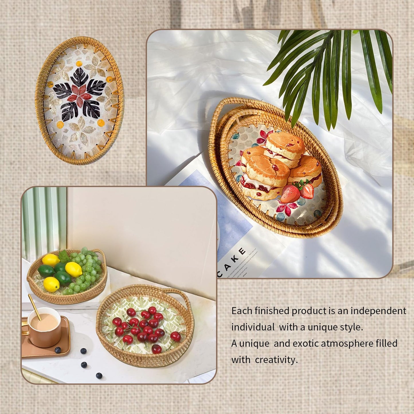 Rattan Tray, Tray Inlaid with Mother of Pearl, Decorative Table Trays for Storing and Organizing Fruits and Snacks at Home (2-Piece Set)