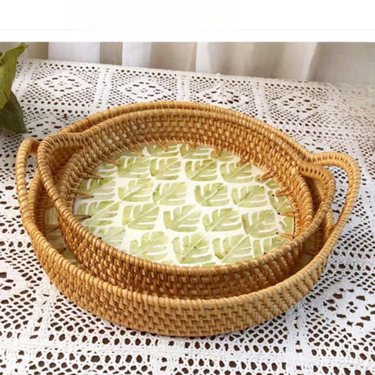 Rattan Tray, Tray Inlaid with Mother of Pearl, Decorative Table Trays for Storing and Organizing Fruits and Snacks at Home (2-Piece Set)